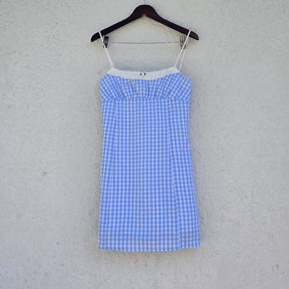 Nia Blue Gingham Serrano Mini Dress Lace Trim Cottagecore Size M - Picture 3 of 8